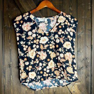 A.N.A  XS Sleeveless Blouse Black background with Floral Print. EUC